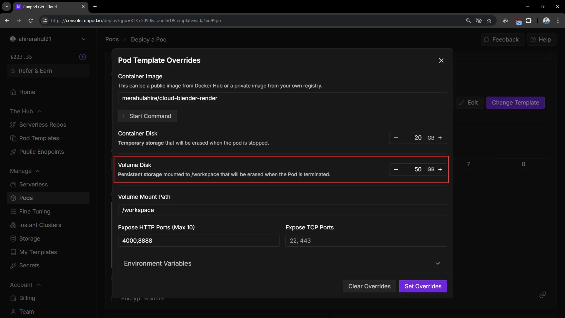 Changing option for storage size