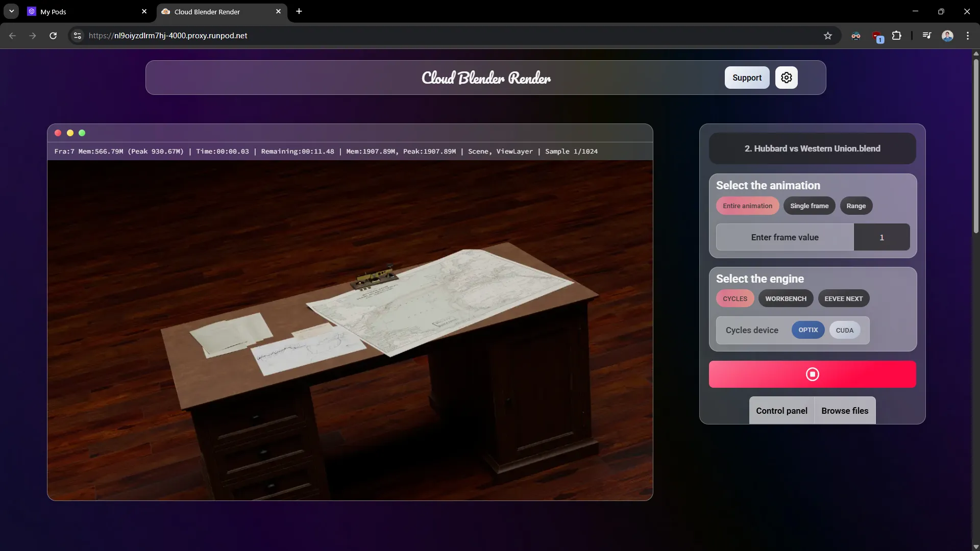 View of the Cloud Blender Render instance
