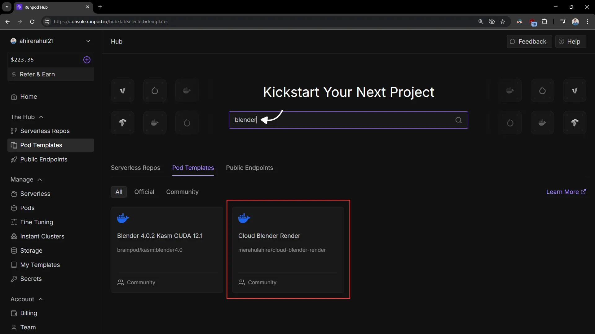 Selecting Cloud Blender Render as Template